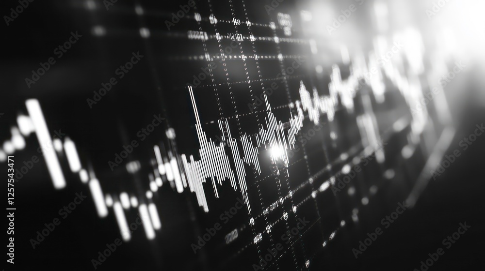 Poster widescreen abstract financial chart with uptrend line graph and candlestick on black and white color