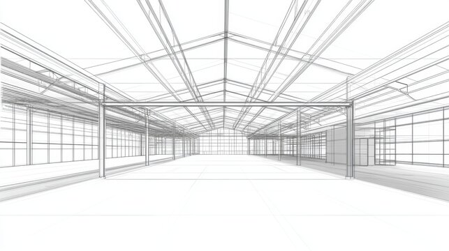 warehouse architectural drawing, industrial space blueprint, structural framework sketch, linear building design, technical interior visualization, detailed roof structure, perspective line drawing,