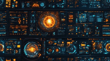 Futuristic Control Panel Monitoring energy core, complex data streams, technological background. Use Sci-fi, technology, gaming