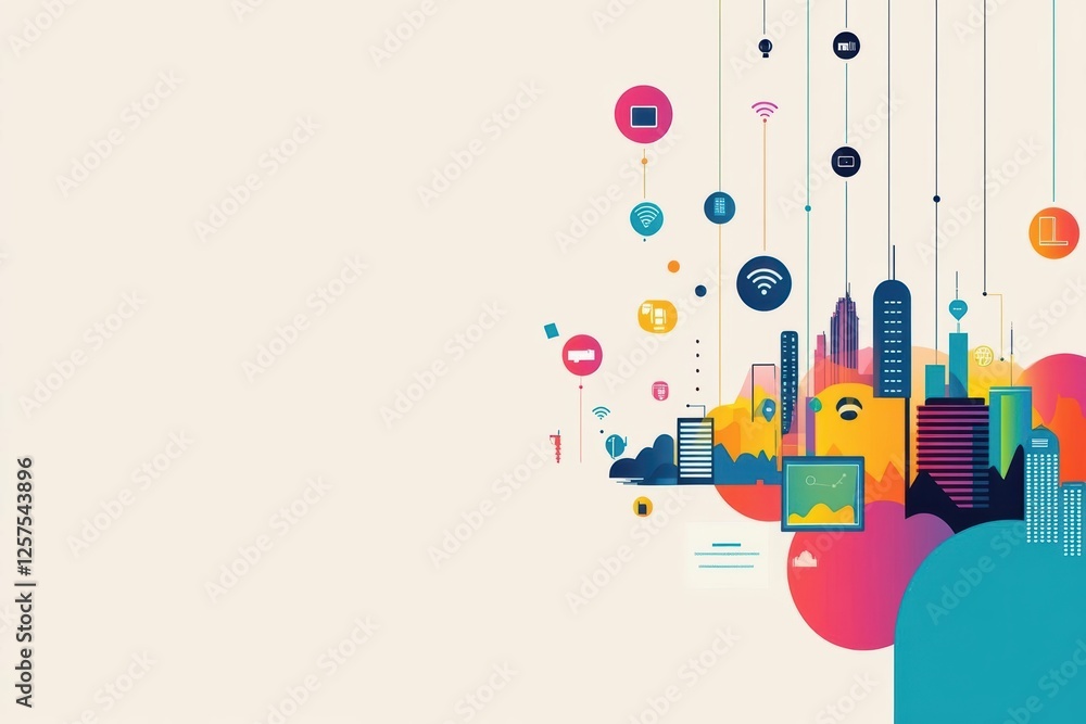 Poster colorful geometric shapes and icons creating a vibrant city skyline with modern urban architecture