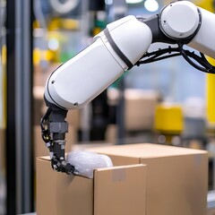 Close-up of an advanced robotic arm handling delicate materials in an automated packaging line