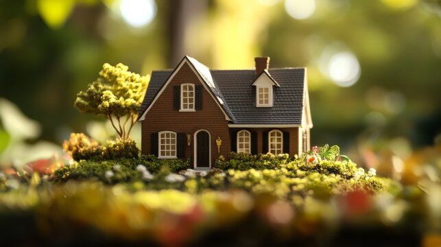 property representation model, home ownership concept, detailed architectural miniature, professional real estate photography, soft focus background, house key symbolism, scale model craftsmanship,