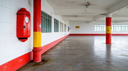 Empty Industrial Space with Red Columns and Vintage Fire Alarm
