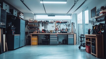 residential garage renovation, tool storage system, modern workshop interior, wall-mounted organization, natural daylight design, professional garage makeover, clean workspace concept, rolling tool