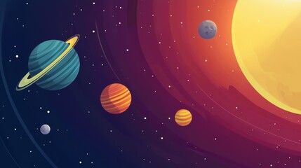 Naklejka premium Planetary system with a sun and colorful planets in a star field.