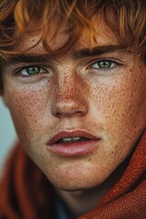 Obraz premium A young man with freckles on his face and green eyes