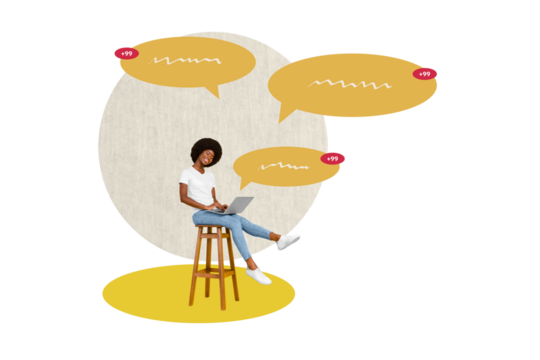 Creative collage picture young cheerful girl sit laptop digital device internet communication replies messages web social media