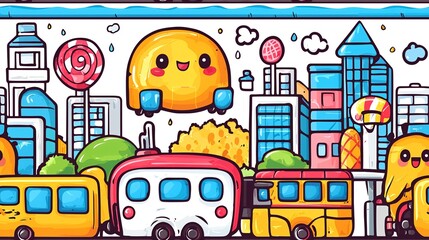 Naklejka premium Happy cartoon city landscape with buses, buildings, and flying character; ideal for children's book illustrations