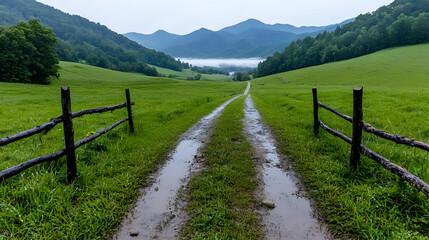 Serene mountain valley road, misty background, green pasture, rural scene, travel imagery
