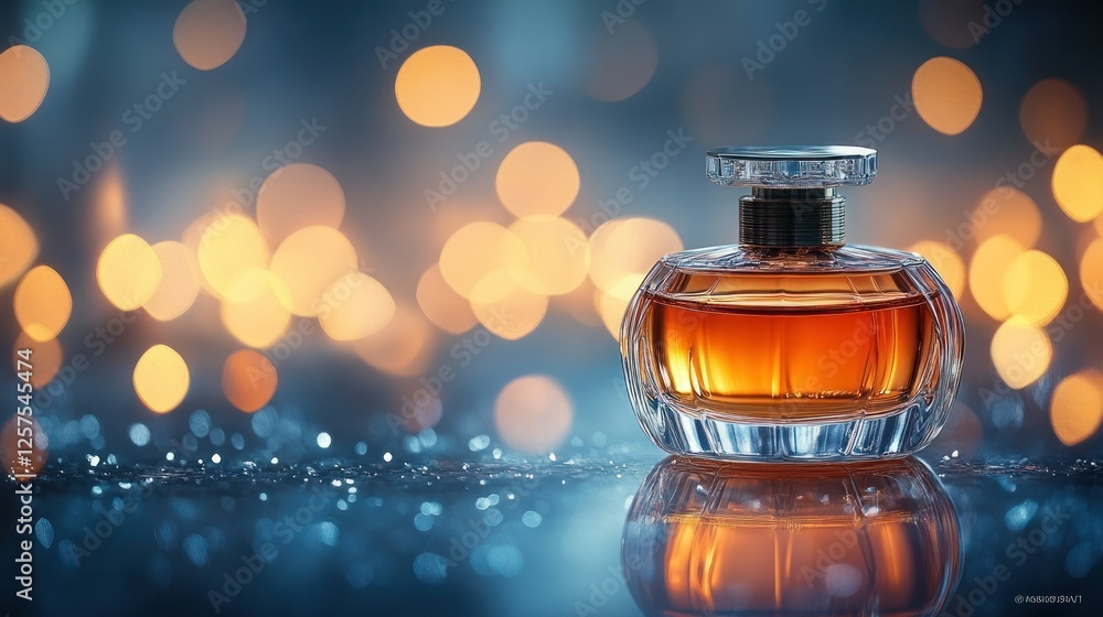 Poster elegant perfume bottle on reflective surface with bokeh background