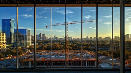 construction site through window, tower crane silhouettes, glass facade reflection, urban development view, industrial construction scene, architectural framing, building progress perspective, modern