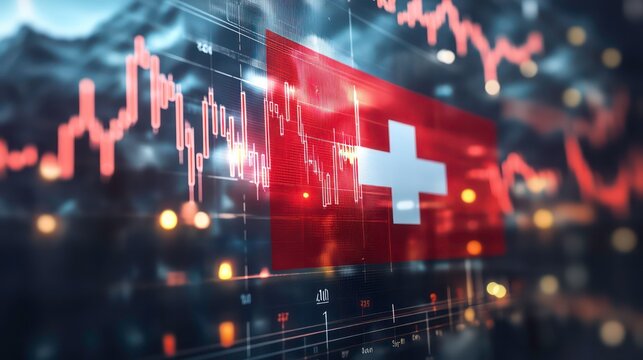 Switzerland flag and country's economy financial graphs. Swiss country, Switzerland global economic influence. Double exposure. Inflation, deflation, profit & loss, Business, banking, Investment.