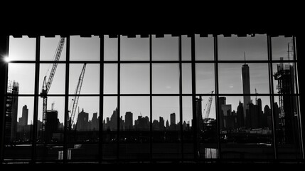 Obraz premium industrial construction progress, window frame composition, urban development scene, tower crane silhouettes, architectural glass reflection, building site perspective, modern construction view,