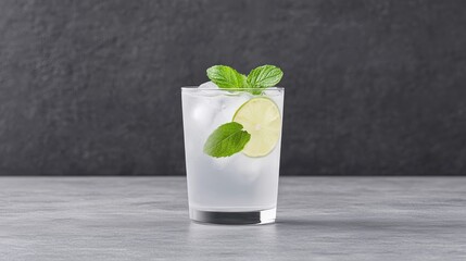 Refreshing lime and mint drink on gray background