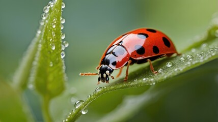 Fototapeta premium Ladybug on Leaf with Water Droplets Close Up Macro Shot