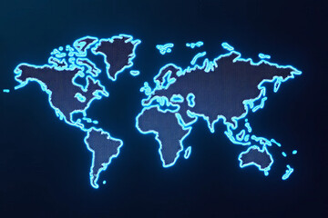 World map outline glowing in blue against dark background, representing global connectivity and technology