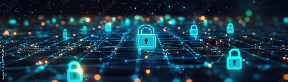 Poster Lock on a network of glowing lights representing digital security and connectivity in technology