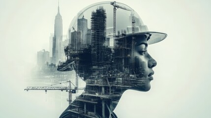 Double-exposure art showcasing a construction worker amid a busy city skyline