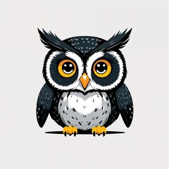 Fototapeta premium Cute black owl cartoon illustration on plain white background