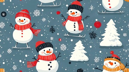 Joyful snowmen ice skating winter wonderland seamless pattern, ideal for festive holiday greeting cards