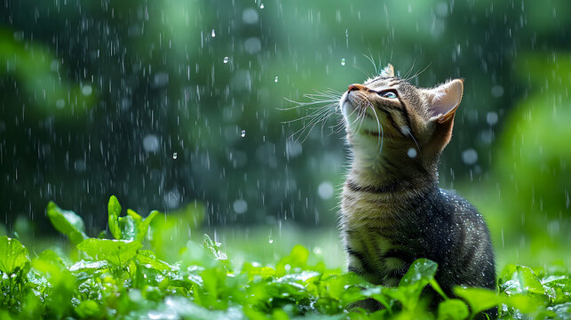 small grey curious kitten wet from rain in green garden watching the rain fall