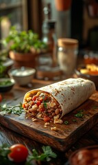 A cozy kitchen scene featuring a burrito filled with beans, cheese, and salsa, placed on a wooden counter with an area for text placement