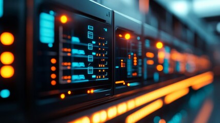 Fully automated warehouse with glowing digital interfaces displaying package tracking data