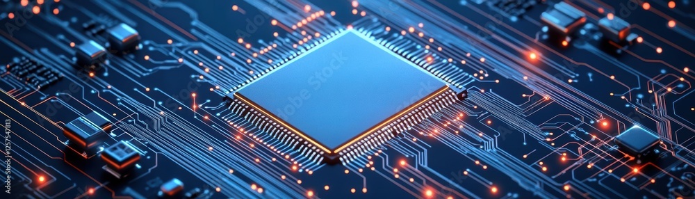 Poster Computer chip on a circuit board with a blue background showcasing technology and electronics