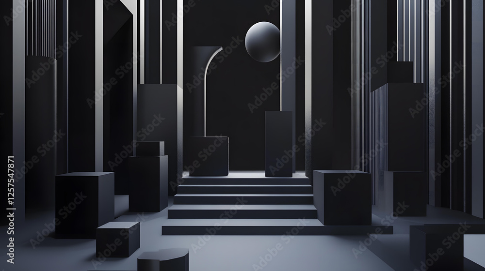 Poster Abstract Dark Minimalist 3D Render of Geometric Shapes and Structures with a Central Staircase