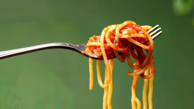 Spaghetti on fork isolated on green background. Pasta with tomato sauces. Italian food cooking. Tasty dinner at Italia restaurant. Delicious lunch delivery ad.