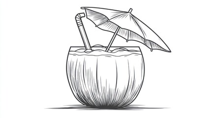Tropical coconut drink, beach umbrella, summer vacation
