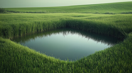 Obraz premium serene landscape featuring square pond surrounded by lush green rice fields, reflecting sky and surrounding vegetation. tranquil scene evokes sense of peace and harmony with nature