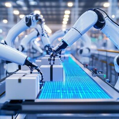Obraz premium Futuristic robotic arms assembling and sealing packages in a high-speed automated factory, glowing blue interface, ultra-modern industry