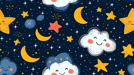 Night sky pattern with smiling clouds and stars; perfect for kids' textile or wallpaper design