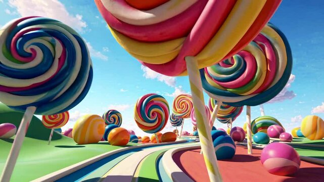 Whimsical candy land with lollipop trees and colorful hills. Low-angle shot enhances the playful, dreamlike video game aesthetic.