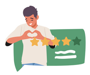 Man cartoon character feeling gratitude positive emotion receiving good rating feedback from client
