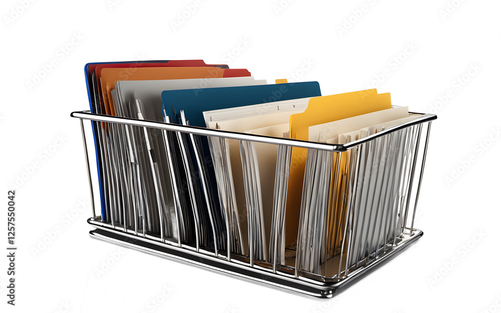 Poster a set of office files arranged in a metal file holder, isolated on a empty plain background