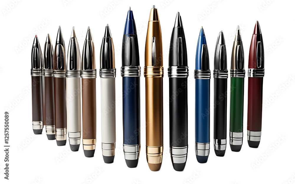 Poster a set of professional business pens in a leather case, isolated on a empty plain background