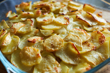Potato gratin in a baking dish. Close-up.