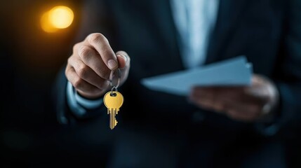 A businessman hands over a yellow key while holding a document, symbolizing a transaction or transfer of ownership.
