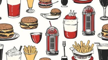 Retro Diner Food Pattern Burgers, fries, shakes, and jukeboxes. Ideal for menu design or retro-themed projects