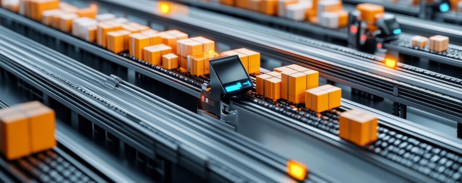 Large automated warehouse with conveyor belts efficiently sorting thousands of packages, AI-powered logistics