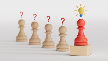 Wooden figure with drawing light bulb on cube among other wooden with question mark , Problem solving and creative idea concept.