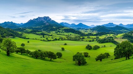 Obraz premium A green field with trees and mountains in the background