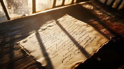 Weathered handwritten letter on aged paper placed on wooden desk, symbolizing a jail letter, evoking somber and reflective emotions, historical and nostalgic concept.