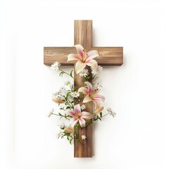 Wooden cross adorned with delicate flowers placed against a white wall creating a serene and peaceful atmosphere