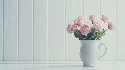 Pink Roses in White Ceramic Vase on Table, White Wooden Wall, Valentine’s Day Card Concept, Wedding Invitation Aesthetic, High-Key Lighting