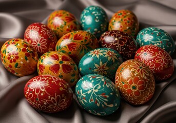 Fototapeta premium Colorful Painted Eggs and Bunny-Themed Festivities for Easter Celebration Designs