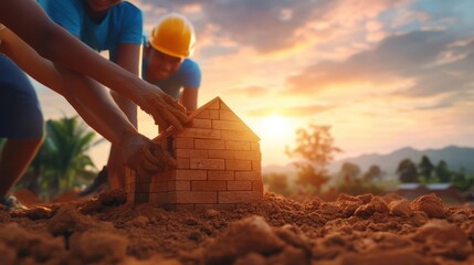 Man and woman constructing a brick wall together in a residential building project