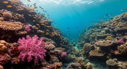 Naklejka premium Coral reef scene. Yellow fish school. Underwater. Sunlight